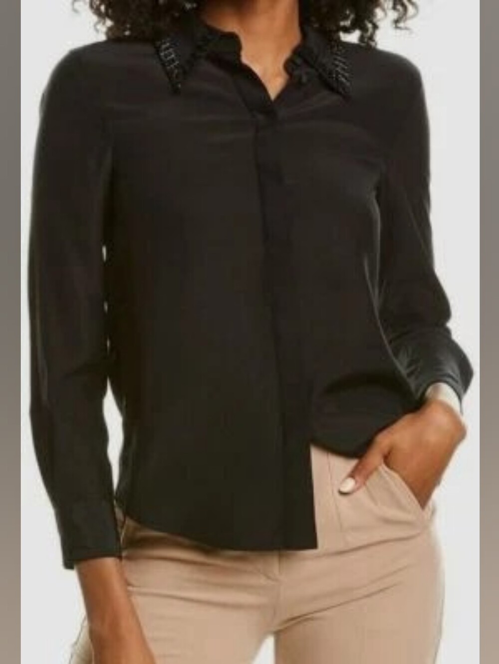 $70 Lafayette 148 Size S New York Black Beaded Collar Silk Blouse Pristine EUC - Picture 7 of 7